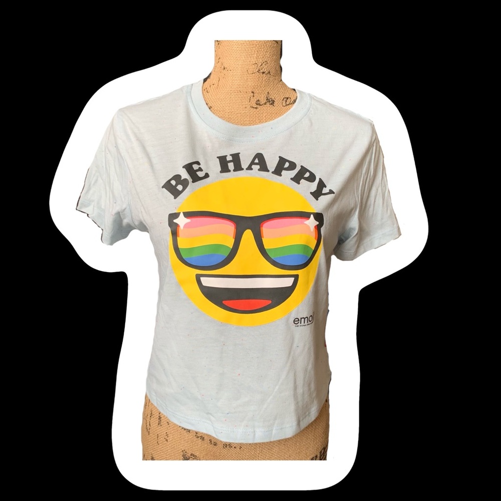 New emoji soft light blue tee. Women BE HAPPY